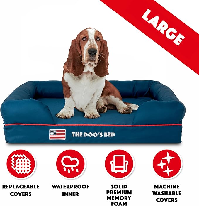 The Dog’s Bed Orthopedic Memory Foam Dog Bed with Bolsters for Large Dogs, High Density Support Mattress, Low Front Entry, Removable Washable Cover, Oxford Fabric, Blue with Dark Red Trim, Large
