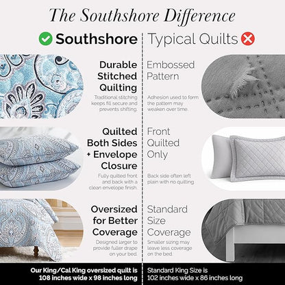 Southshore Fine Living, Inc. Oversized Quilt King Size Bedding Set, Lightweight Comforter, Cal King Quilt Coverlet & 2 Matching Quilted Pillow Shams, Blue Paisley Comforter Set, Pure Melody Aqua