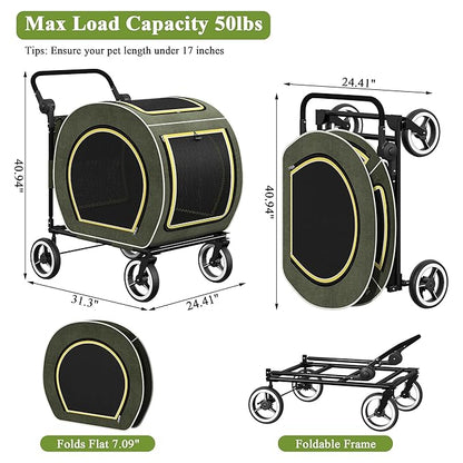 Kepptory Foldable Pet Stroller for Small Medium Dogs Cats, Detachable Carrier, 50lbs Max Weight Capacity, Portable Lightweight Travel Dog Stroller for Outdoor Walking Shopping Camping, Green