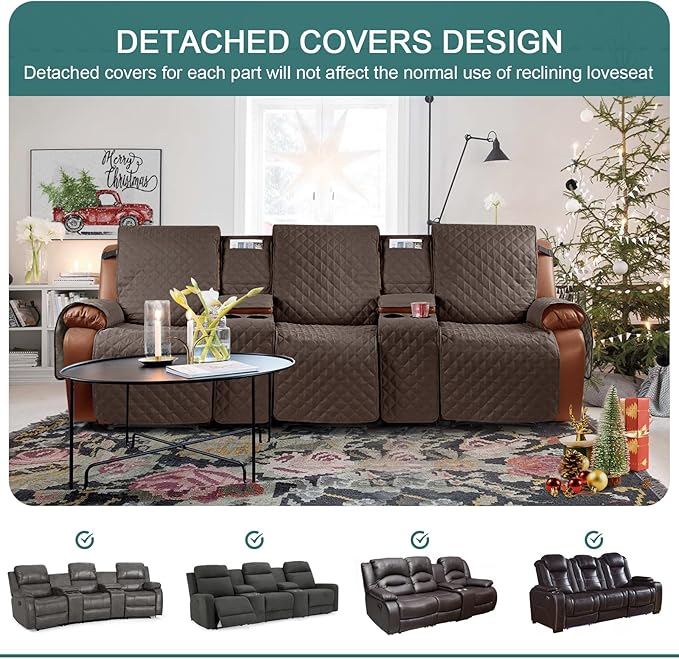 Ruaozz Waterproof Recliner Sofa Cover with Console Non-Slip Couch Covers for Reclining Couches Pet Cover for Double Recliner Sofa Cover with Elastic Straps for Kid Dogs Pets (Brown, 3 Seater)
