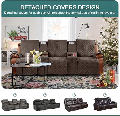 Ruaozz Waterproof Recliner Sofa Cover with Console Non-Slip Couch Covers for Reclining Couches Pet Cover for Double Recliner Sofa Cover with Elastic Straps for Kid Dogs Pets (Brown, 3 Seater)