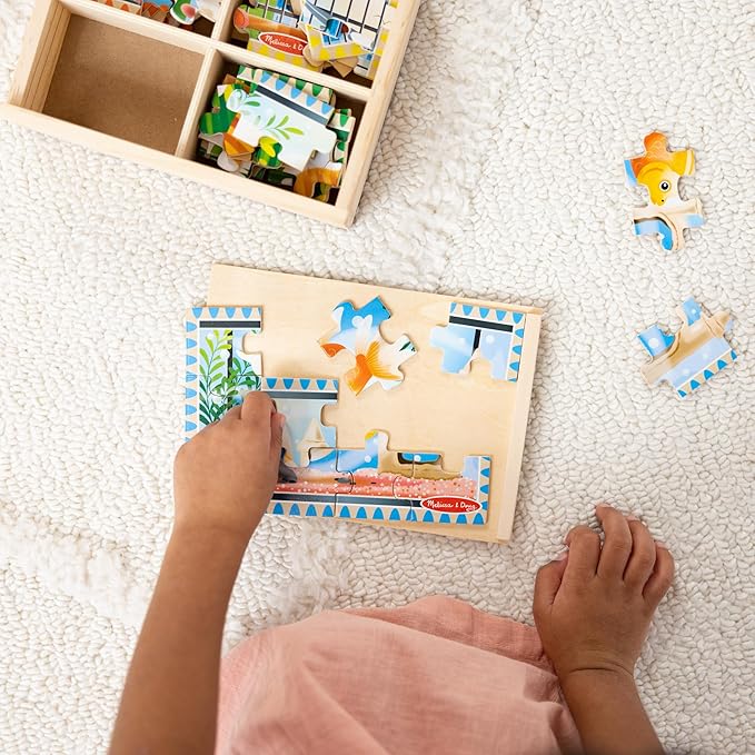 Melissa & Doug 4‑in‑1 Wooden Pets Jigsaw Puzzle Set, 48 Pieces with Storage Box, Toddler Puzzle Toy for Kids Ages 3+ - FSC Certified