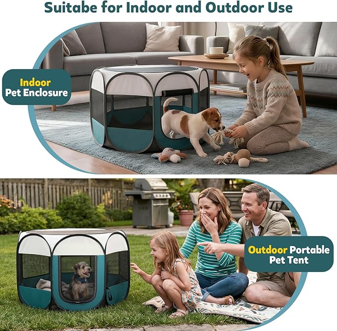 Portable Pet Playpen for Cat Dog - Foldable Large Pet Play Pen with Removable Zipper Top for Cat Small Dog Enclosed - Pop Up Puppy Kitten Kennel with Carrying Case for Indoor Outdoor Travel Camping
