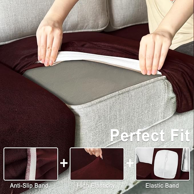 ANARACHON Leather Look Couch Cushion Covers Sofa Seat Slipcovers Sets Couches Furniture Protector for Sectional Armchair Loveseat Pets Kids Stretch Spandex Fabric (1 Cushion Armchair, Burgundy)