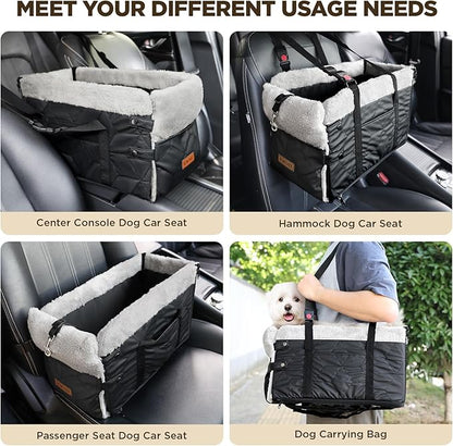Center Console Dog Car Seat for Small Dogs,PU Leather Small Dog Car Booster Seat,Washable Foldable with Safe Protection Hooks Adjustable Straps and Storage Pocket Pet Up to 15lbs-Black