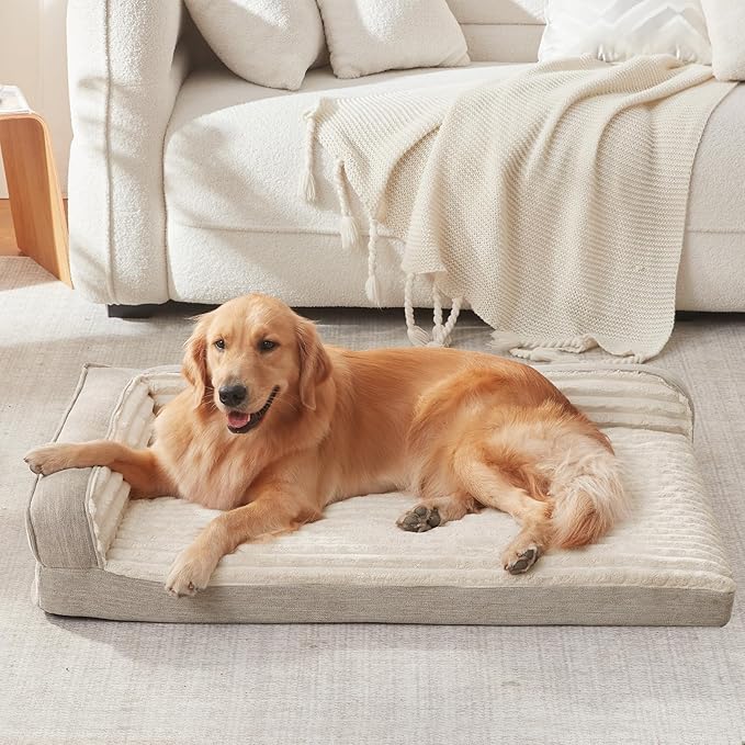 WINDRACING Orthopedic Dog Beds for Large Dogs, Waterproof Egg Foam Dog Sofa Bed with L Bolster Sides, Washable Large Pet Bed with Removable Cover & Non-Slip Bottom, 36 x 27 inch, Beige