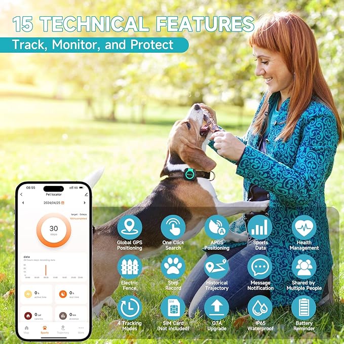 GPS Tracker for Dogs and Cats, Mini Cat & Dog GPS Tracker with Health Monitor and GPS Dog Fence, Waterproof GPS Pet Tracker, Works with Any Collar (Android and iOS Universal)