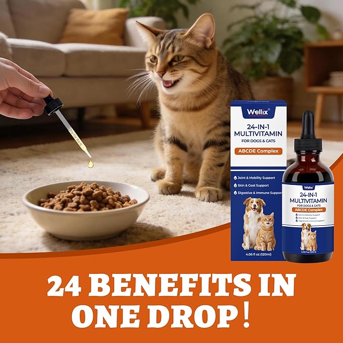 Wellix 4.06 FL oz 24-in-1 Liquid Multivitamin with Taurine for Dogs & Cats, Pet Vitamins and Supplements with Glucosamine, Cranberry, MSM, Probiotics - Itch&Allergy Relief, Joint Supplement for Pets