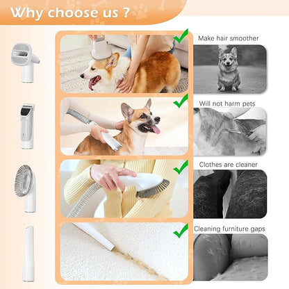 Dog Grooming Vacuum, Pet Grooming Vacuum Kit 2.3L Suction 99% Pet Hair with 5 Tools for Dog Cat for Shedding Grooming, Low Noise (Grey & White)