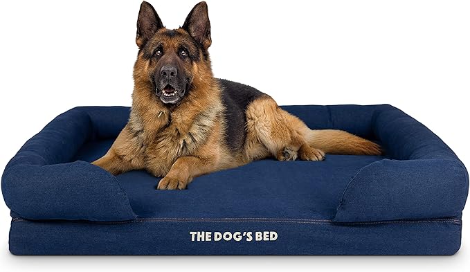 The Dog’s Bed Orthopedic Memory Foam Dog Bed with Bolsters for XL Dogs, Waterproof Washable Cover, Anti-Slip Base, Calming Surface – CertiPUR-Certified Foam, Denim Fabric, Blue Denim, XL