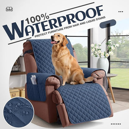 KinCam 100% Waterproof Recliner Chair Cover, Reclining Couch Covers for Pets, Dogs, Recliner Couch Slipcover Furniture Protector with Elastic Straps for Kids(23.6", Blue)