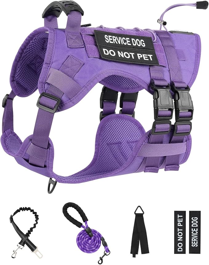 No Pull Tactical Dog Harness for Small Dogs, Escape Proof Molle Dog Vest Harness and Leash Set, Adjustable Military Service Dog Harness with Handle for Medium Large Dogs(Purple, Medium)