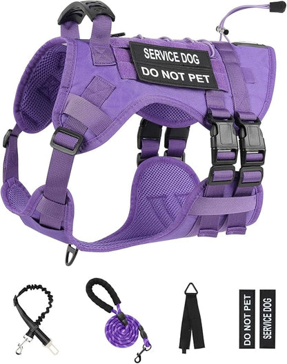 No Pull Tactical Dog Harness for Small Dogs, Escape Proof Molle Dog Vest Harness and Leash Set, Adjustable Military Service Dog Harness with Handle for Medium Large Dogs(Purple, Medium)