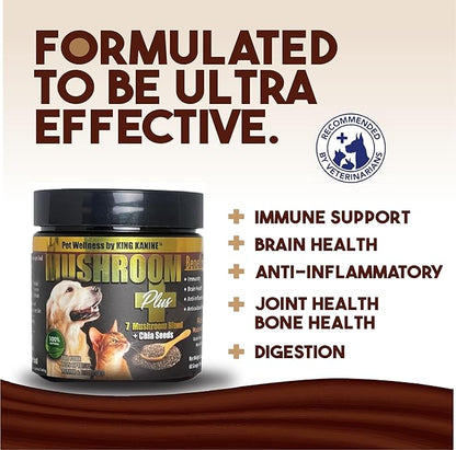King Kanine Mushroom Plus, Protein & Joints 2 oz | Organic Powder to Improve Optimal Health & Pets Wellness | Supplement for Dogs & Cats Care Made with Fiber & Vitamins | Veterinarian Approved