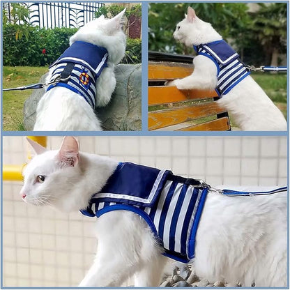 Cat Harness and Leash for Walking Escape Proof, Adjustable Cat Vest Harness, Padded Stylish Cat Walking Jackets, Sailor Suit Navy, Large