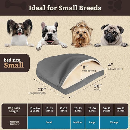 Snoozer Rectangle Cozy Cave Dog Bed - Indoor Dog Bed with Cover Cave, Covered Calming Burrow for Small Sized Pets with Blanket Attached, Enclosed, Washable Cover - Small, Heather Gray