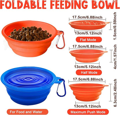 Large Collapsible Dog Bowls (34oz), 2 Pack 2 Colors Pet Travel Foldable Bowl and Slow Feeding Frisbee with Carabiners, Healthy, Soft Silicone, Portable Essential Set for Walking, Travel, and Hiking