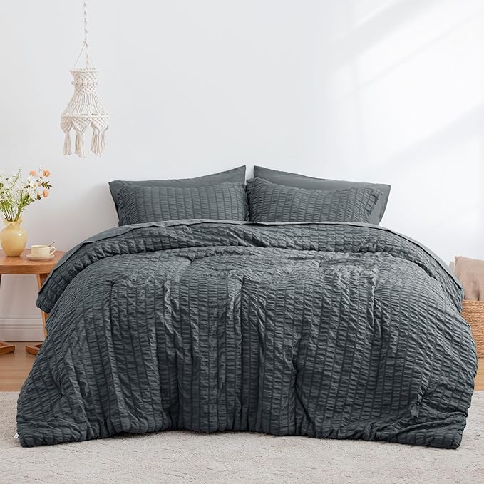 Love's cabin Seersucker Charcoal Grey California King Comforter Set, 7-Piece All Season Lightweight Bed in a Bag Bedding Set with Comforter, Flat Sheet, Fitted Sheet, Pillowcases and Shams | Soft, Breathable, Lightweight
