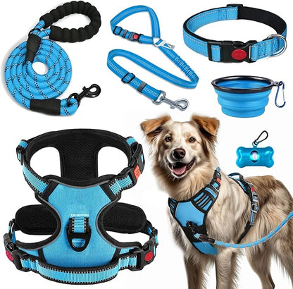 LOBEVE No Pull Dog Harness, Collar & Leash Set | Includes Dog Seat Belt, Collapsible Bowls & Poop Bag Dispenser. Ideal for Training, Walking, Hiking. Fits Small to Large Dogs(Blue-XL)