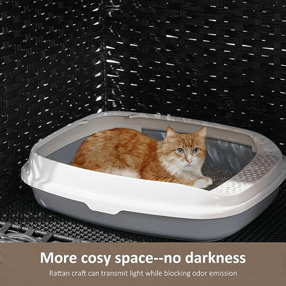 Cat Litter Box Enclosure with Soft Litter Mat; Hidden Cat Washroom Furniture with Door; Handwoven Rattan Cat House with Large Space; Pet Crate for Living Room, Bedroom, Balcony (Black)