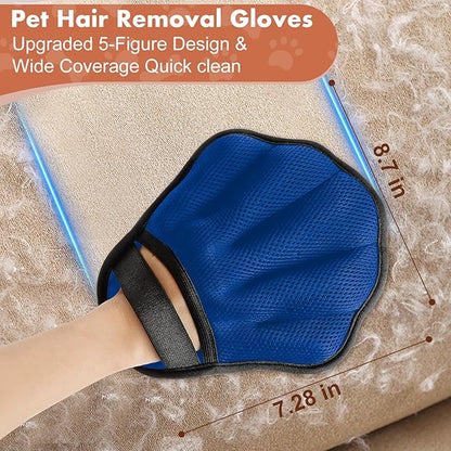 Pet Hair Removal Glove, Electrostatic Pet Hair Remover Glove for Cats & Dogs, Hair Remover Tools for Couch, Carpet, Clothing, Car Seat - Upgraded Five-Finger, Reusable, DarkBlue+Darkgrey