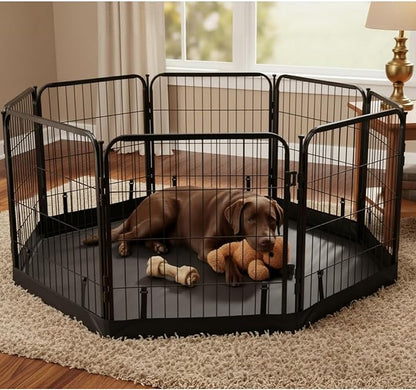 Dog Playpen w/Octagon Bottom Floor Cover - 32 inch, 8 Panel Portable Black Metal Pet Play Pen for Small & Medium Dogs - Indoor/Outdoor Kennel Cage for Home, Yard, RV, or Camping