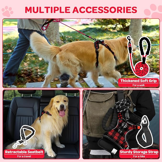 FURRYFECTION Plaid Dog Harness for Large Dogs, Reflective No Pull Adjustable Pet Vest with Front Clip, Leash, Easy Control Handle and Seat Belt, Red&Black, L