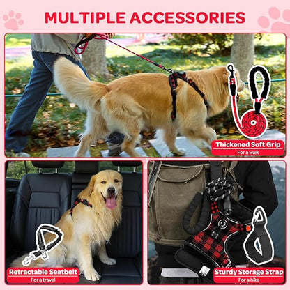 FURRYFECTION Plaid Dog Harness for Medium Dogs, Reflective No Pull Adjustable Pet Vest with Front Clip, Leash, Easy Control Handle and Seat Belt, Red&Black, M