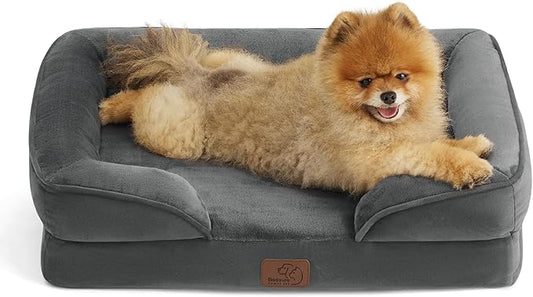 Bedsure Small Orthopedic Dog Bed - Washable Bolster Dog Sofa Beds for Small Dogs, Supportive Foam Pet Couch Bed with Removable Washable Cover, Waterproof Lining and Nonskid Bottom Couch, Dark Grey