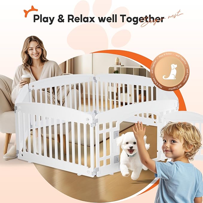 HealSmart 6 Panel Dog Playpen, 24” Exercise Puppy Playpen with Door, Safe, Secure, Folding & Portable Pet Playpen for Indoor & Outdoor Use, Suitable for Puppies and Small, White