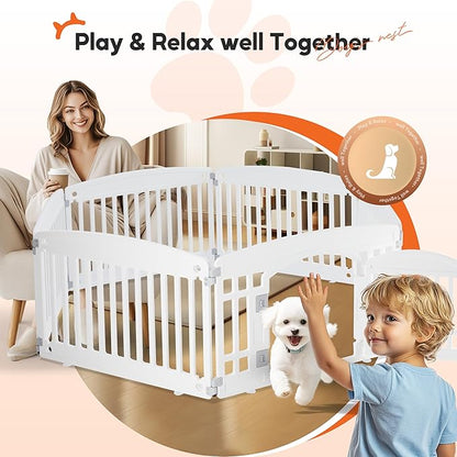 HealSmart 6 Panel Dog Playpen, 24” Exercise Puppy Playpen with Door, Safe, Secure, Folding & Portable Pet Playpen for Indoor & Outdoor Use, Suitable for Puppies and Small, White