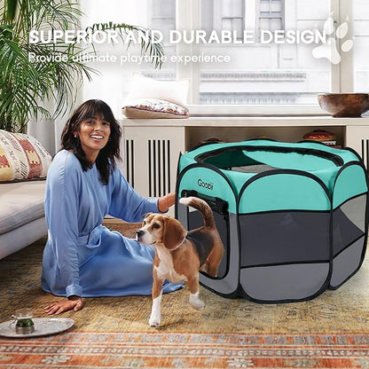 Goozii Pet Cat Playpen for Indoor Cats Enclosed, Puppy Dog Play Pen for Outdoor Travel Camping (Large Size, Green & Dark Grey)