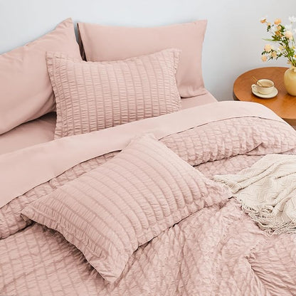 Love's cabin Seersucker Pink Full Comforter Set, 7-Piece All Season Lightweight Bed in a Bag Bedding Set with Comforter, Flat Sheet, Fitted Sheet, Pillowcases and Shams | Soft, Breathable, Lightweight