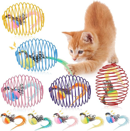 Jecery 5 Pcs Cat Spring Balls Toys Stretchable Rolling Balls Colorful Playful Coils Interactive Action Toy Caged Rats for Kitten Pet Supplies (Bird,Multicolor)