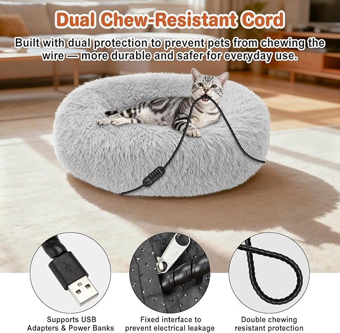 Heated Cat Beds for Indoor Cats and Small Dogs, 24'' Heated Pet Bed with Timer and Temp Adjustable, Cozy Fluffy Round Calming Pet Beds Removable Washable Cover USB Electric Warm Cat Bed- Light Gray