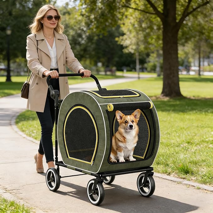 Kepptory Foldable Pet Stroller for Small Medium Dogs Cats, Detachable Carrier, 50lbs Max Weight Capacity, Portable Lightweight Travel Dog Stroller for Outdoor Walking Shopping Camping, Green