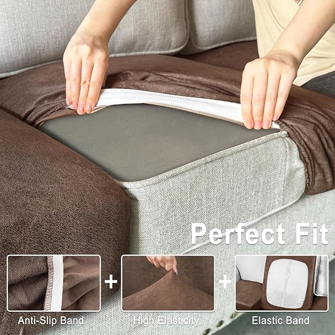 ANARACHON Leather Look Couch Cushion Covers Sofa Seat Slipcovers Sets Couches Furniture Protector for Sectional Armchair Loveseat Pets Kids Stretch Spandex Fabric (2 Cushion Sofa, Brown)