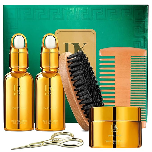 Beard Grooming Kit for Black Men, Beard Care Kit for Black Men w/Oil, Balm, Brush, Comb and Scissors, Valentines Birthday Gifts for Dad Husband Boyfriend