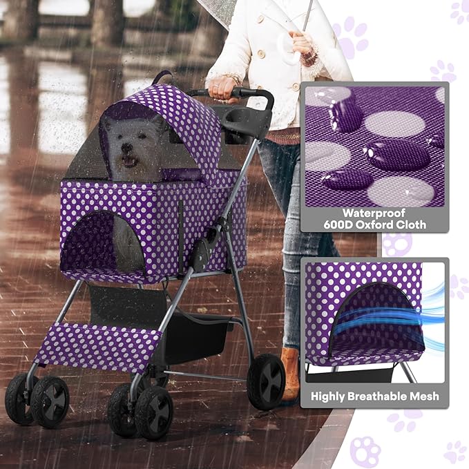 3-in-1 Visible Foldable Pet Detachable Carrier, Car Seat and Stroller with Push Button Entry for Small Pets, Cat Dog Stroller for Medium Dogs Cats Load Up to 33 lbs, Purple Polka Dots