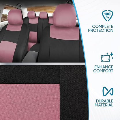 BDK PolyPro Car Seat Covers Full Set in Pink on Black, Front and Rear Split Bench Seat Covers for Cars, Easy to Install Car Seats Cover Set and Accessories for Auto Trucks Van SUV - Pink