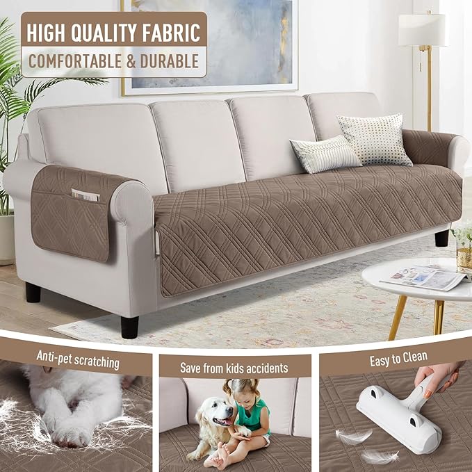 TAOCOCO Waterproof Oversized Couch Covers for Pets Dogs with Non Slip Backing, Sofa Seat Covers with Pocket for 4 Cushion Couch Washable Dog Couch Protector Sofa Slipcovers(Oversized Sofa, Taupe)