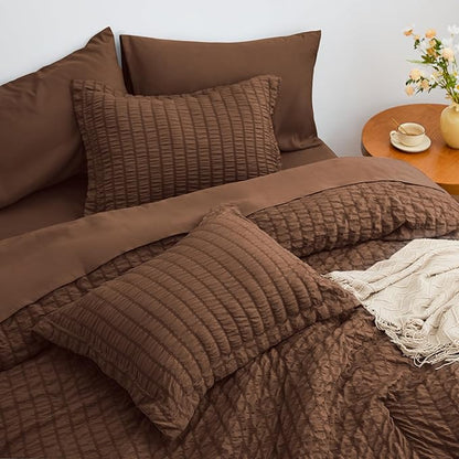 Love's cabin Seersucker Brown Twin Comforter Set, 5-Piece All Season Lightweight Bed in a Bag Bedding Set with Comforter, Flat Sheet, Fitted Sheet, Pillowcase and Sham | Soft, Breathable, Lightweight