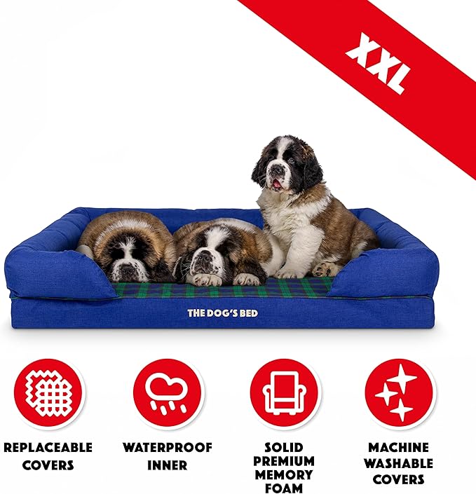 The Dog’s Bed Orthopedic Memory Foam Dog Bed with Bolsters for XXL Dogs, Waterproof Washable Cover, Anti-Slip Base, Calming Surface – CertiPUR-Certified Foam, Oxford Fabric, Black Watch Tartan, XXL