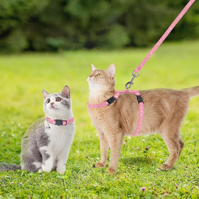 PAWCHIE Cat Harness with Leash and Collar Set - Escape Proof Adjustable H-shped Cat Harness with Star and Moon Pattern Glow in The Dark for Kitty Outdoor Walking