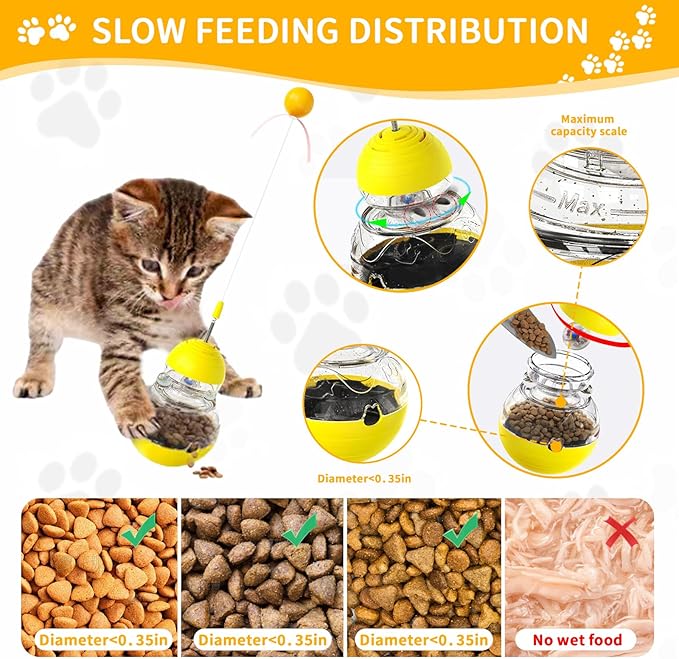 Cat Interactive Toys Engaging Wand, Slow Food Treat Dispenser, and Tumbler Design for Indoor Cats Durable, Non-Toxic, Ideal for Exercise and Boredom Relief Gift for Kitten, Yellow