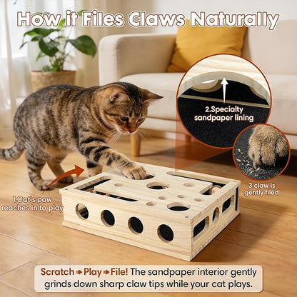 YooxArmor Cat Scratch Puzzle Box, Solid Wood Enrichment Toy with Sandpaper Nail Filer, Stress-Free Claw Care for Indoor Cats