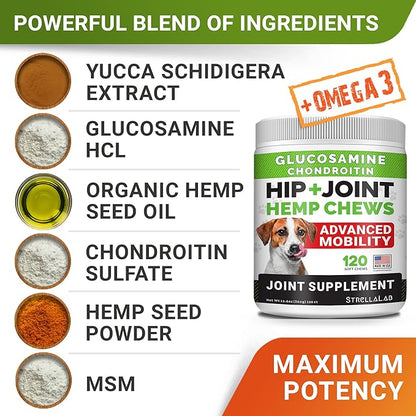 Large Breed Hemp + Glucosamine Dog Joint Supplement - Hemp Chews for Dogs Hip Joint Pain Relief - Omega 3, Chondroitin, MSM - Advanced Mobility Hemp Oil Treats for Large Dogs - Made in USA - 240 Ct