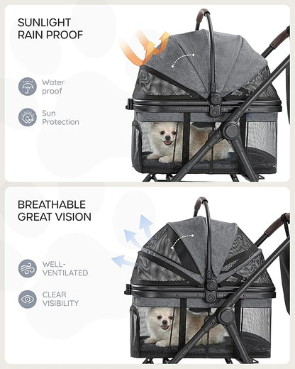 3 in 1 Pet Carrier Stroller with Detachable Carrier, Foldable Dog & Cat Stroller for Small/Medium Dogs up to 33 lbs, Large Storage Bag, Full Window Mesh, One-Touch Dual Brake, Car Seat