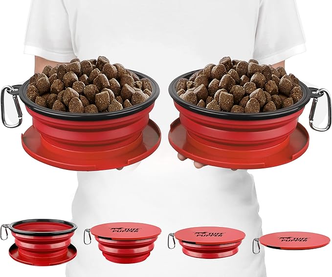 Tuff Pupper SuperBigSlurp Collapsible Dog Bowls | Two Pack Bowls | Extra Large Capacity | Portable, Food Safe, Odorless | Non-Toxic Silicone [Two Pack Red Bowls 60oz]