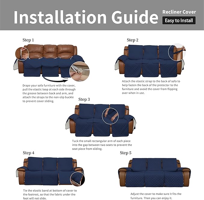 Easy-Going Recliner Sofa Cover, Reversible Couch Cover for 3 Seat Recliner, Split Sofa Cover for Each Seat, Furniture Protector with Elastic Straps for Kids, Dogs, Pets(3 Seater, Navy/Ivory)